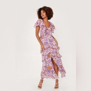 Nasty Gal - pastel floral button frill detail maxi dress LILAC